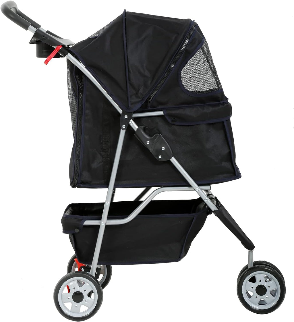 3-Wheel Pet Stroller, Lightweight Foldable Dog Stroller for Small Medium Dogs & Cats, Breathable Mesh & Weather Cover with Storage Basket, for Daily Walk Outdoor Travel (Black)